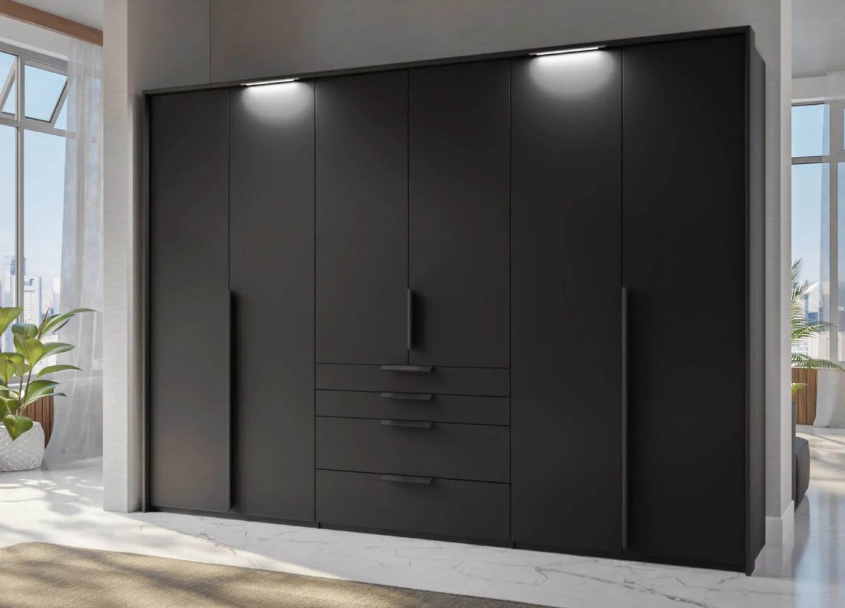 Frans 300cm 6 Door Wardrobe With Drawers in Basalt Glass - Passepartout Frame with Lights