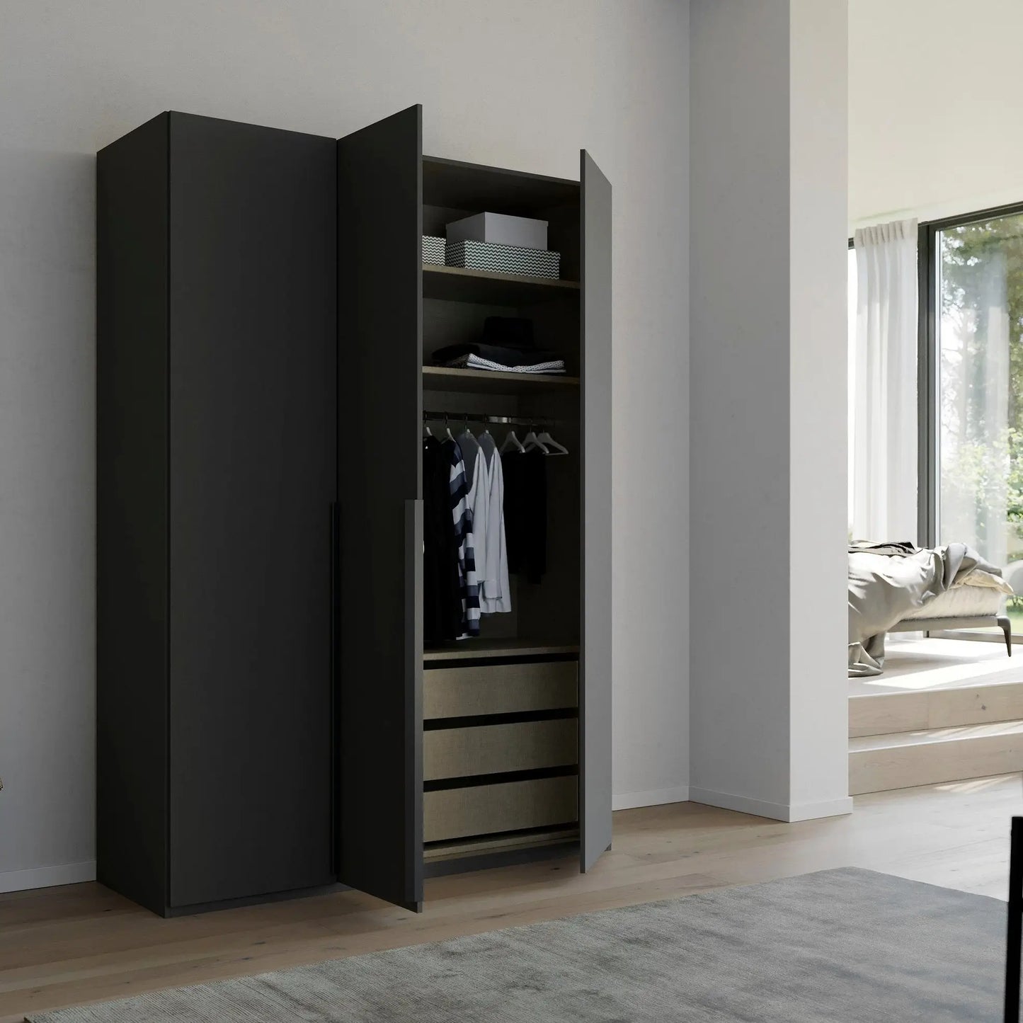Rauch Frans 151cm Graphite Glass 3 door wardrobe with Premium Interior and Long Door handles