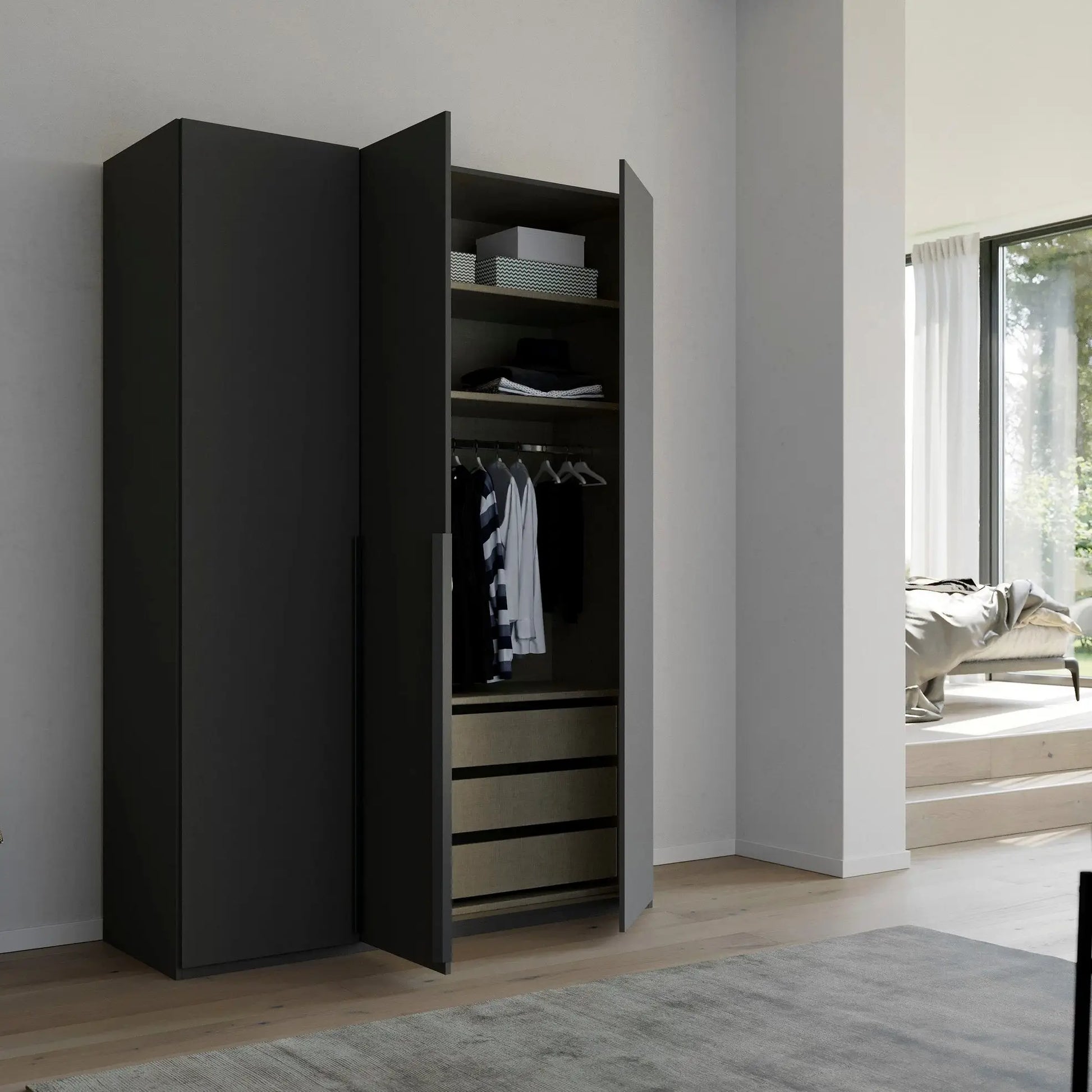 Rauch Frans 151cm Graphite Glass 3 door wardrobe with Premium Interior and Long Door handles