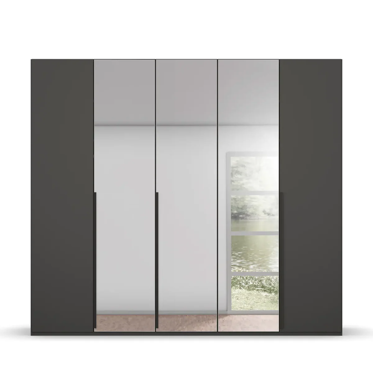 Rauch Purisma Frans 250cm Graphite 5 Door Hinged Wardrobe with Mirror on Middle 3 Doors and Premium Interior