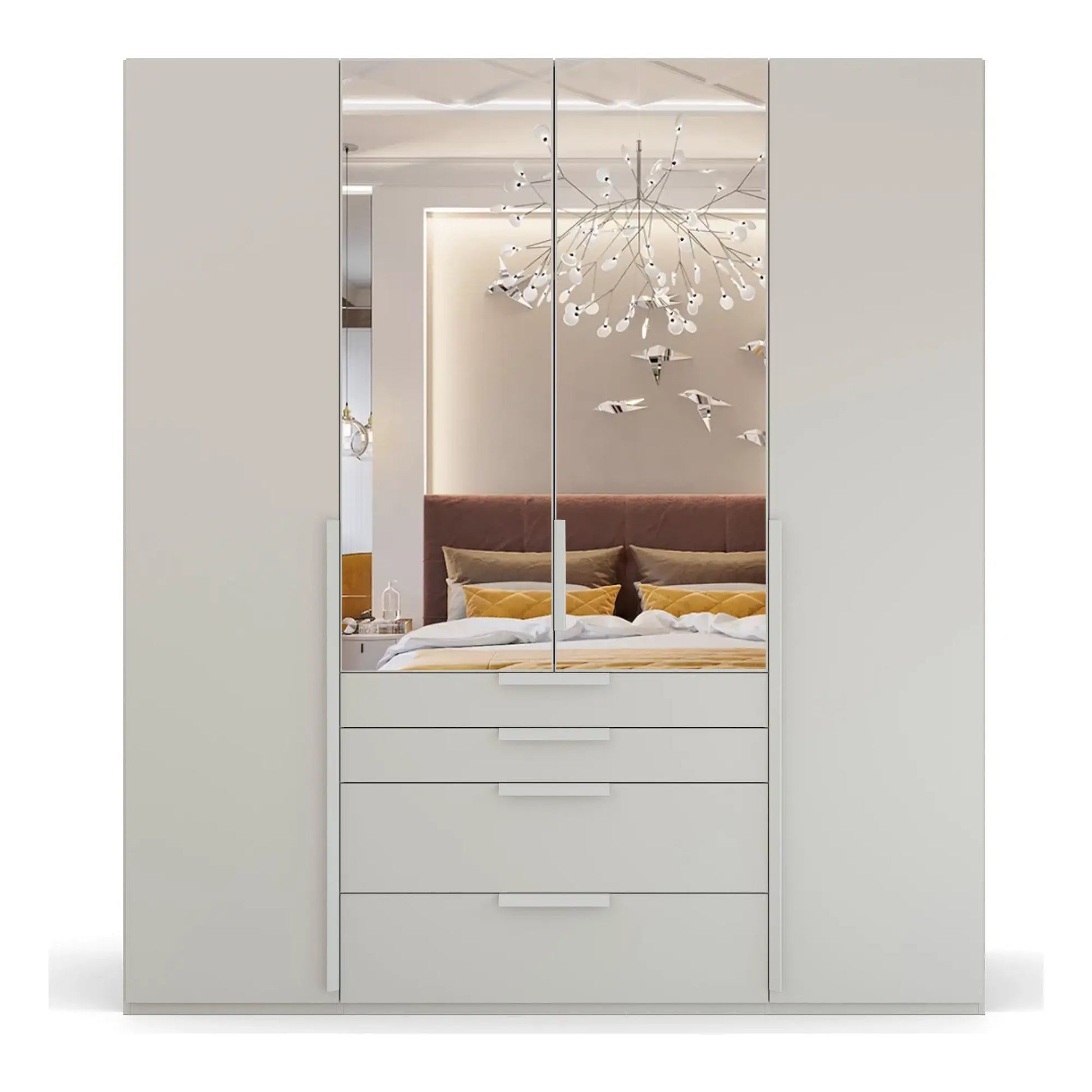 Rauch Frans 201cm Silk Grey 4 door wardrobe with exterior drawers and Mirror