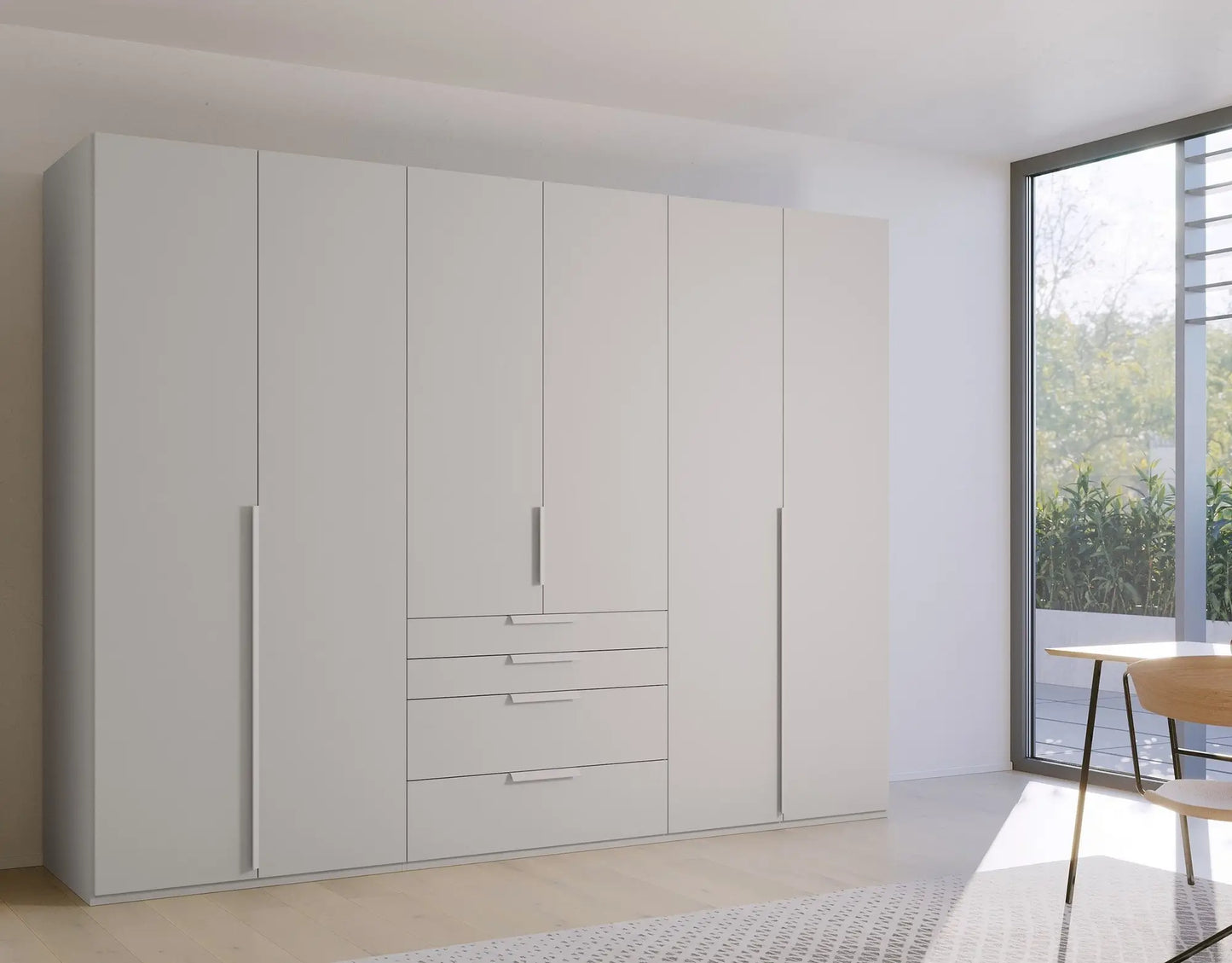 Frans 300cm Decor 6 Door Wardrobe With Drawers in Silk Grey - Styled in a Living Room