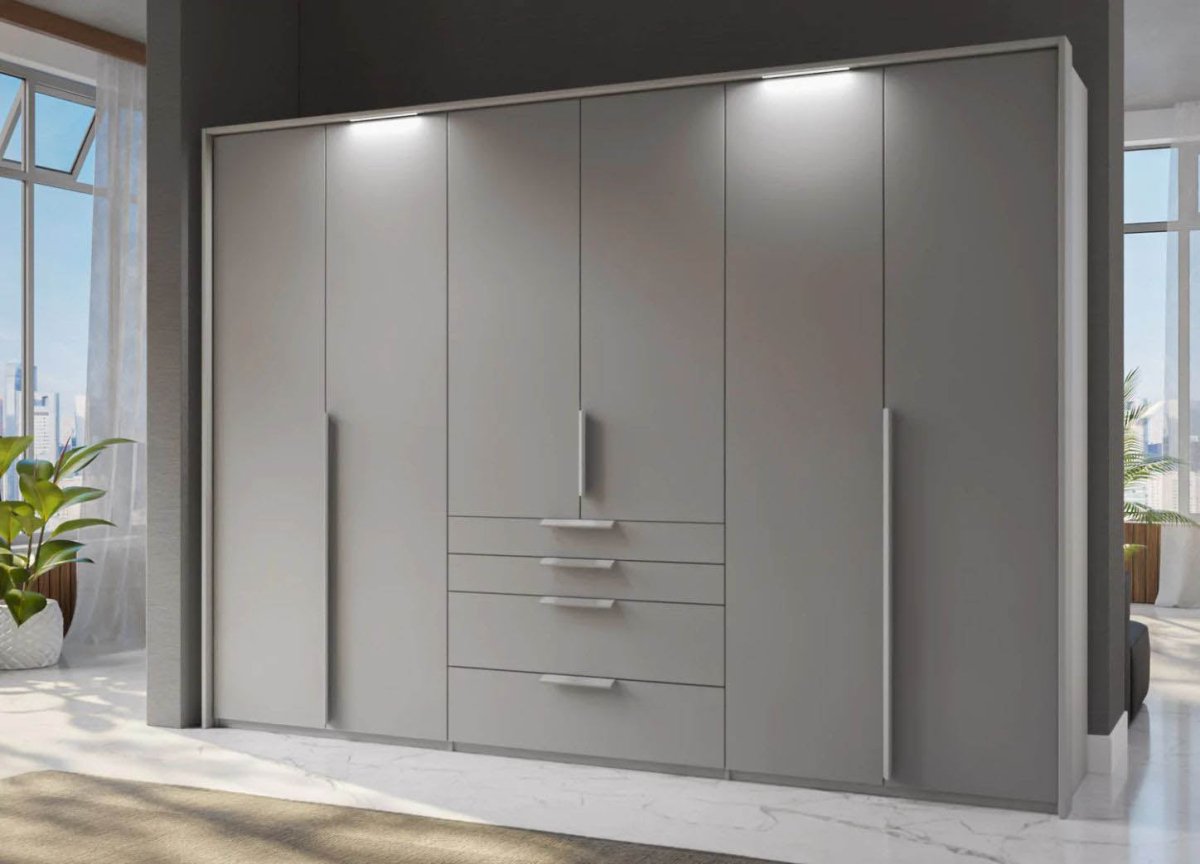 Frans 300cm Glass 6 Door Wardrobe With Drawers in Silk Grey - Passepartout Frame with Lights