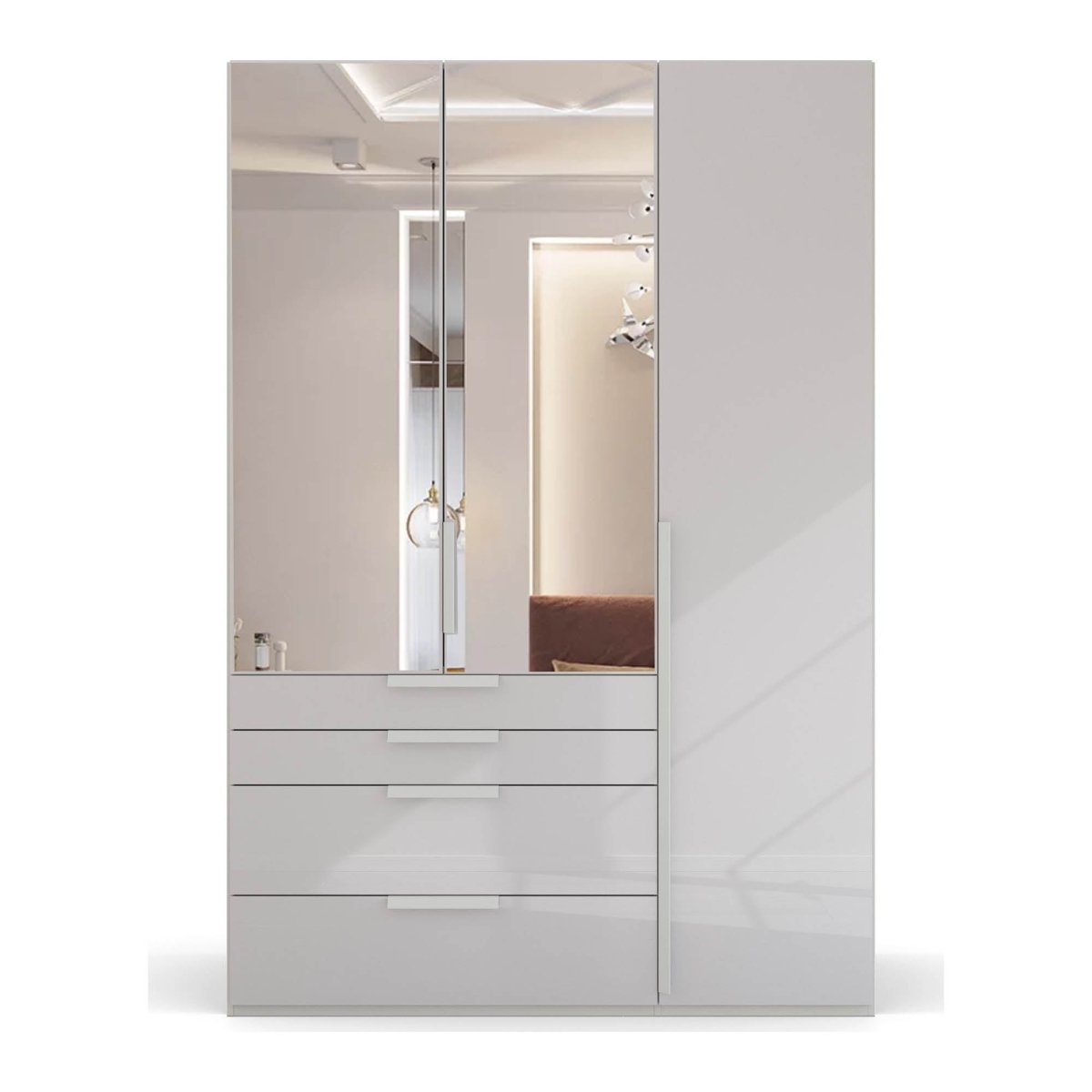 Rauch Frans 151cm Silk Grey Glass 3 door wardrobe with 4 exterior drawers and mirror 