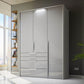 Shop the Rauch Frans 151cm Silk Grey Glass 3 door wardrobe with 4 exterior drawers and Light Frame