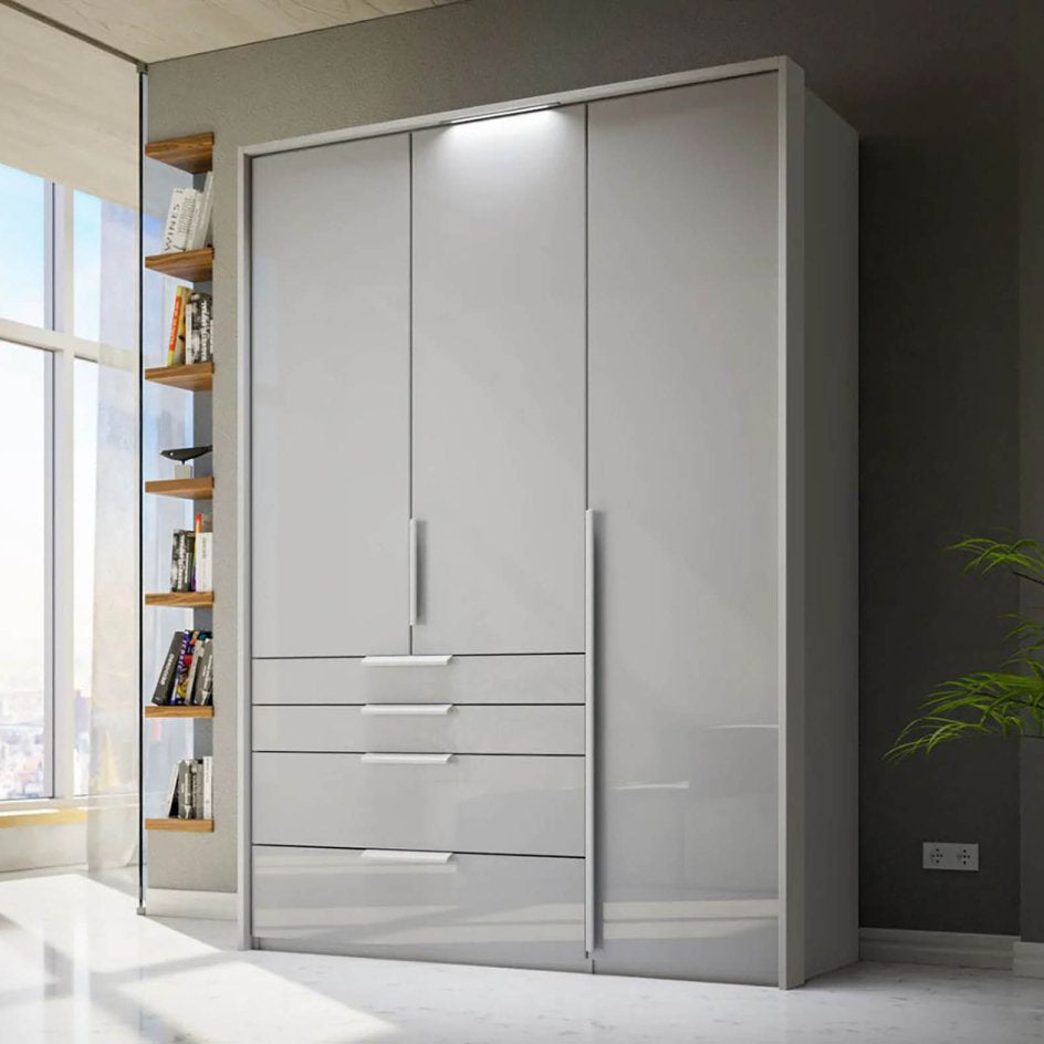 Shop the Rauch Frans 151cm Silk Grey Glass 3 door wardrobe with 4 exterior drawers and Light Frame