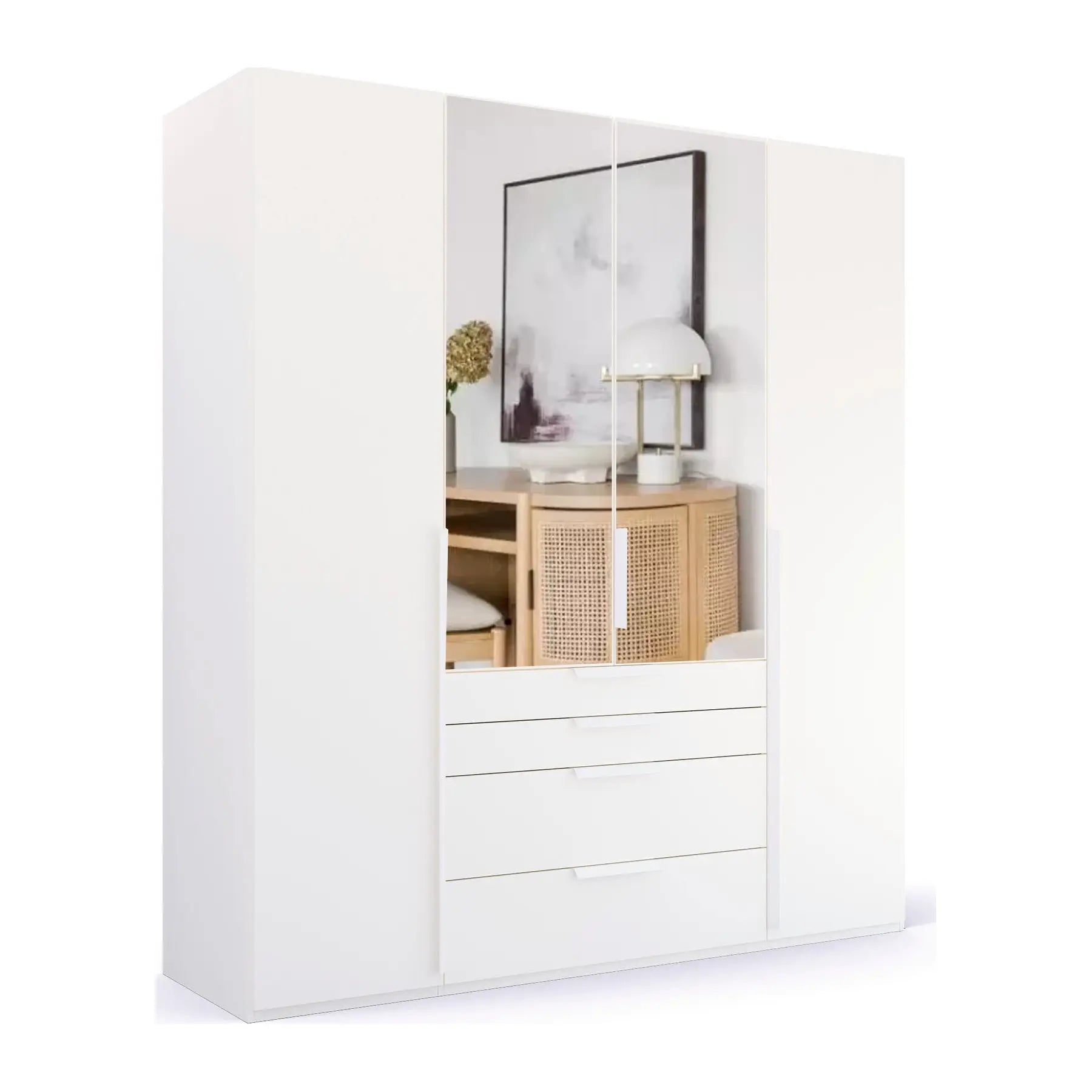 Rauch Purisma Frans 200cm Matt White 4 Door Wardrobe with Drawers and Mirror 