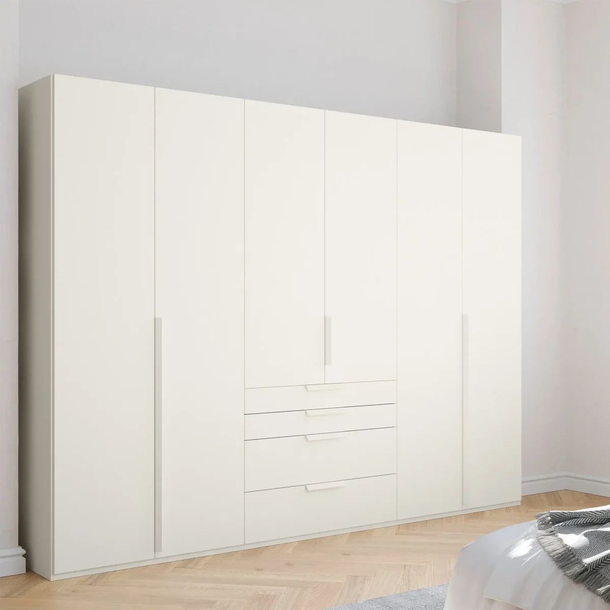 Modern Rauch Frans 301cm White 6 door wardrobe with exterior drawers, Long Door Handles and Premium Interior