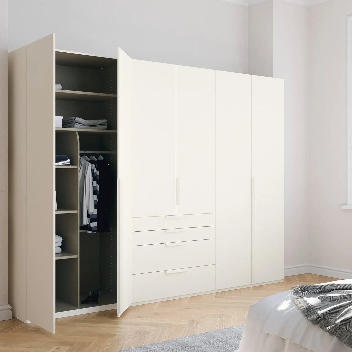 Rauch Frans Purisma 301cm White 6 door wardrobe with exterior drawers, Long Door Handles and Premium Interior