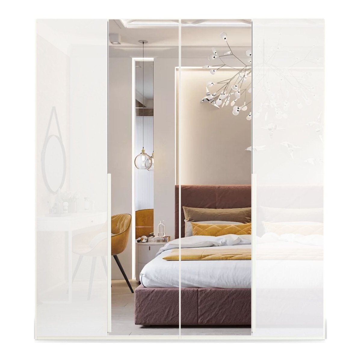 Rauch Frans 201cm White Glass 4 door wardrobe with Mirror, premium interior, long Door Handles 