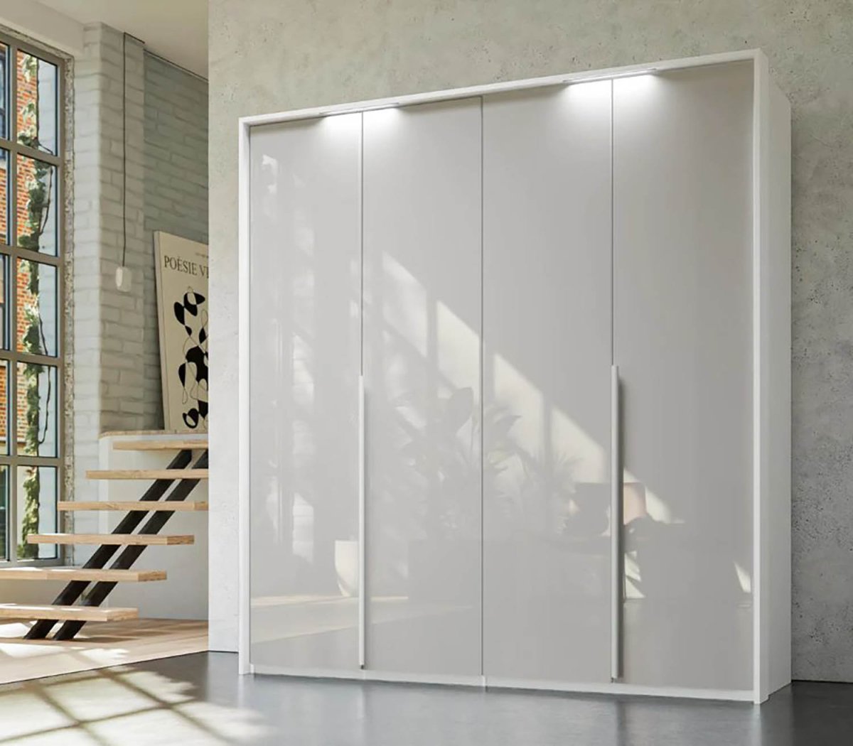 Frans 200cm 4 Door Wardrobe in White Glass - Passepartout Frame with Lights