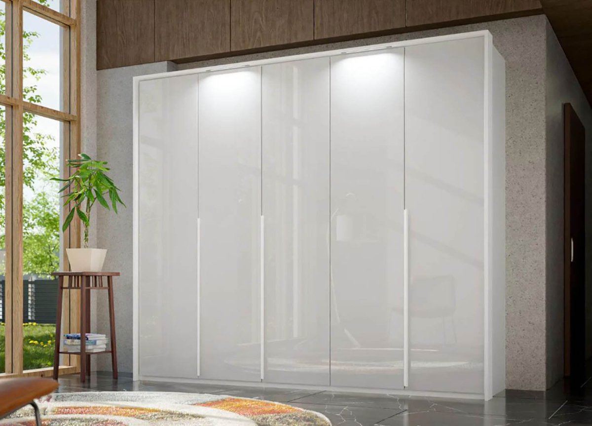 Frans 250cm 5 Door Wardrobe in White Glass - Passepartout Frame with Lights