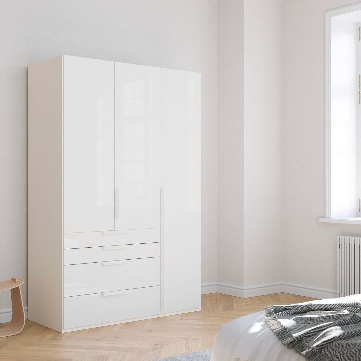 Shop the Rauch Frans 151cm White Glass 3 door wardrobe with 4 exterior drawers