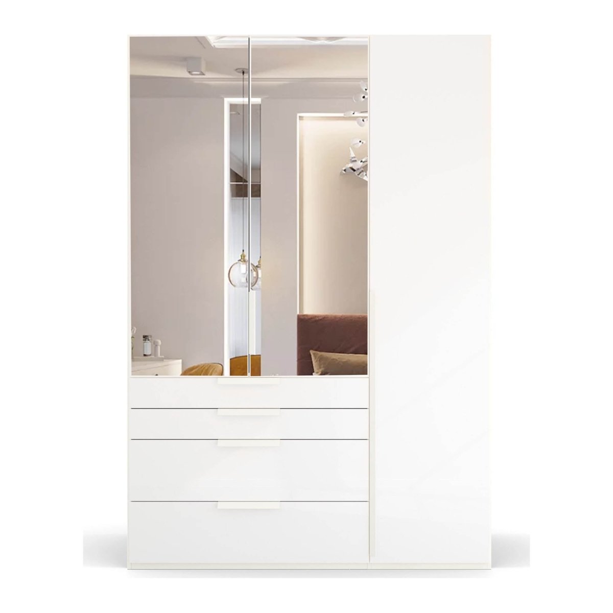 Rauch Frans 151cm White Glass 3 door wardrobe with 4 exterior drawers and Mirror