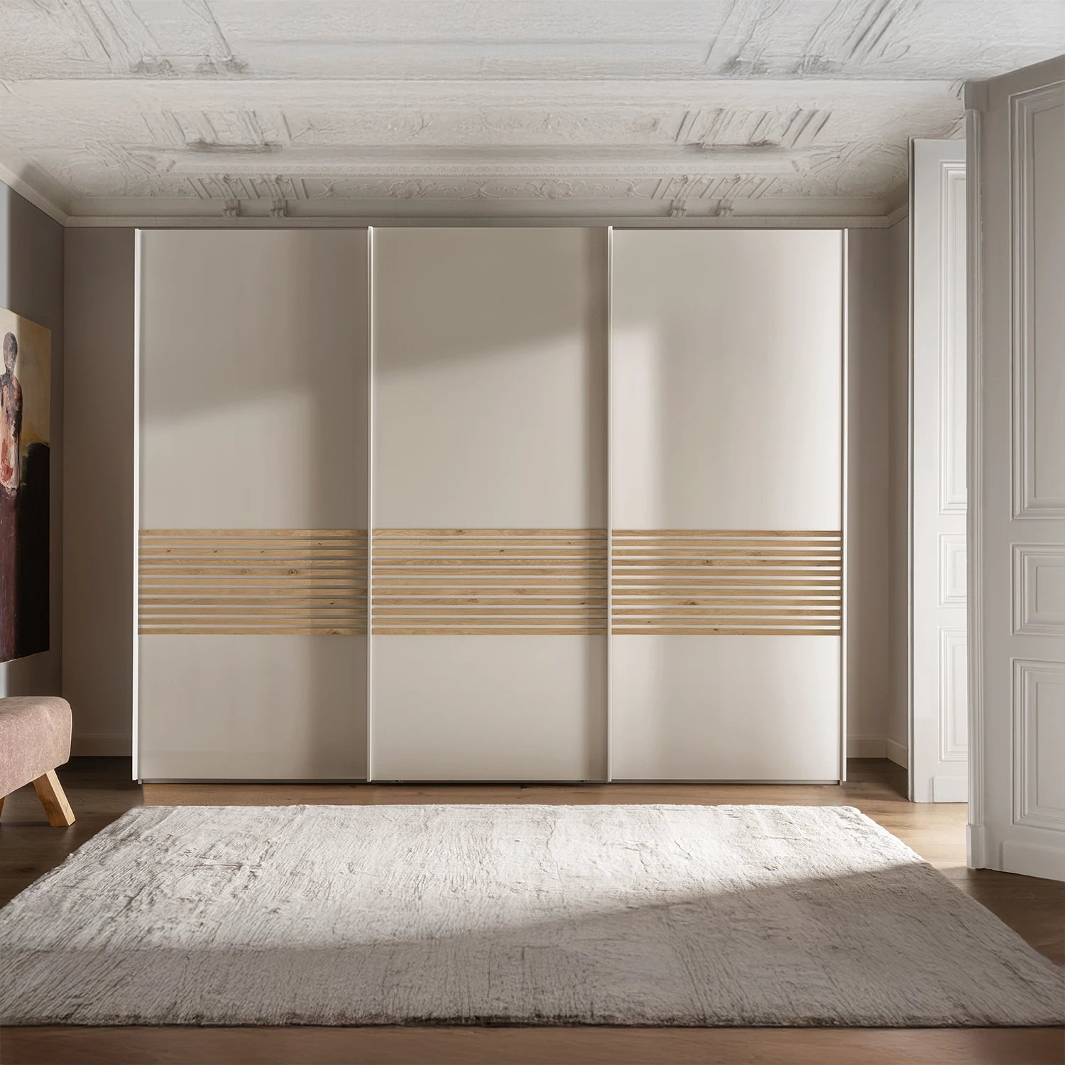 Genova Kontrast 3-door wardrobe in champagne with elegant horizontal accents