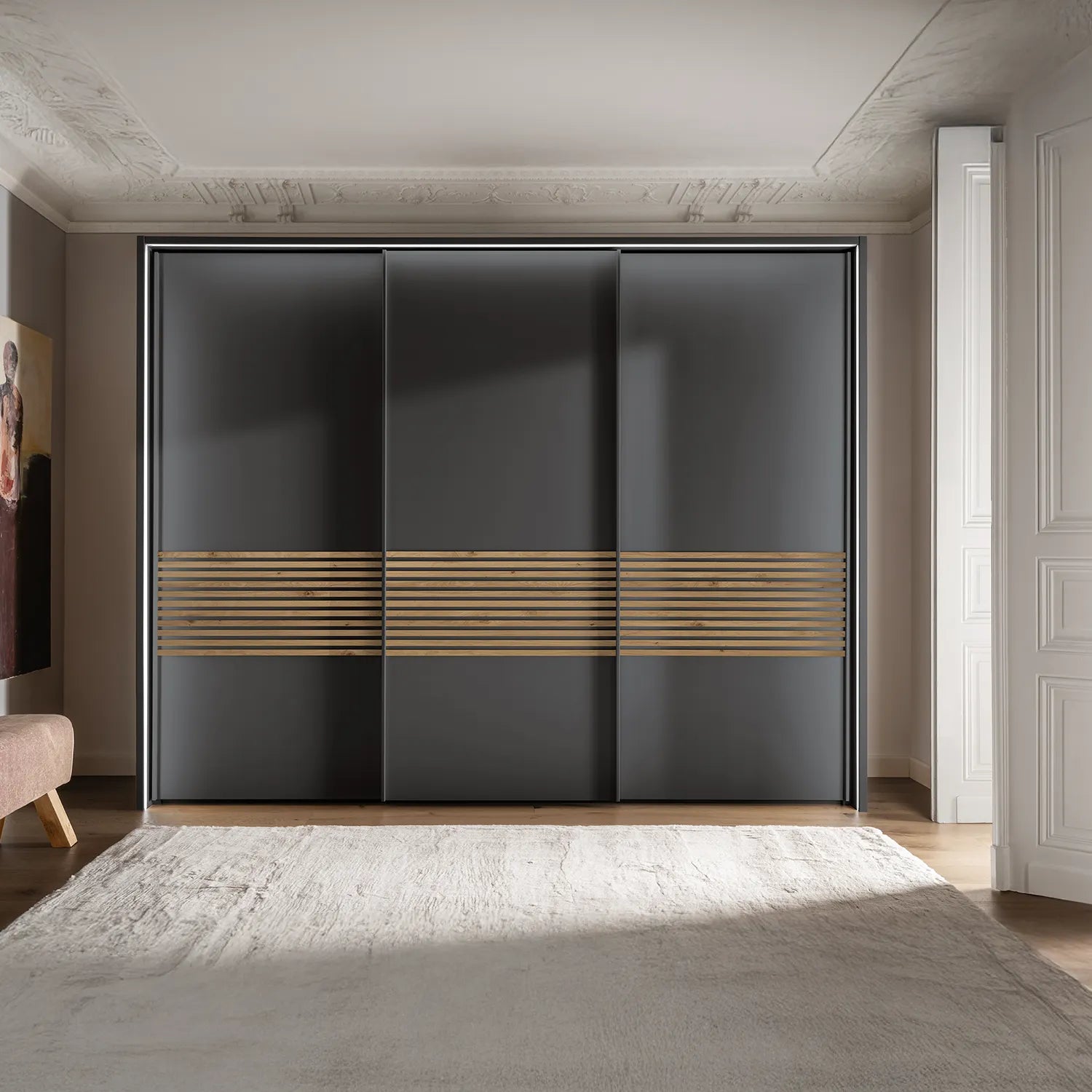 Wiemann Genova Kontrast Large 3-Door Sliding Wardrobe in Graphite Colour and Bianco Oak Decking