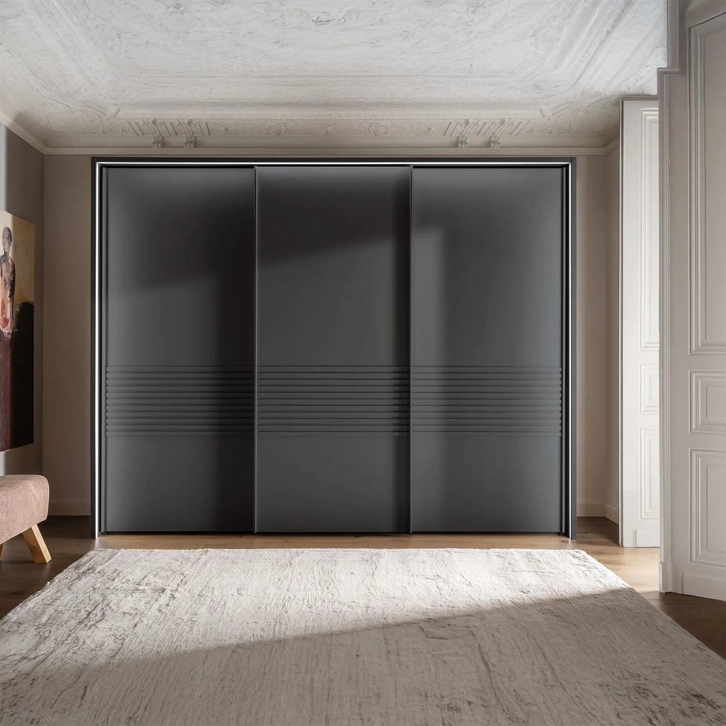 Wiemann Genova Kontrast Large 3-Door Sliding Wardrobe in Graphite Colour with Passepartout Light Frame and Decking Style on the Doors