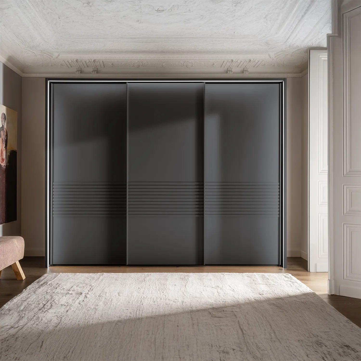 Wiemann Genova Kontrast Large 3-Door Sliding Wardrobe in Graphite Colour with Passepartout Light Frame and Decking Style on the Doors