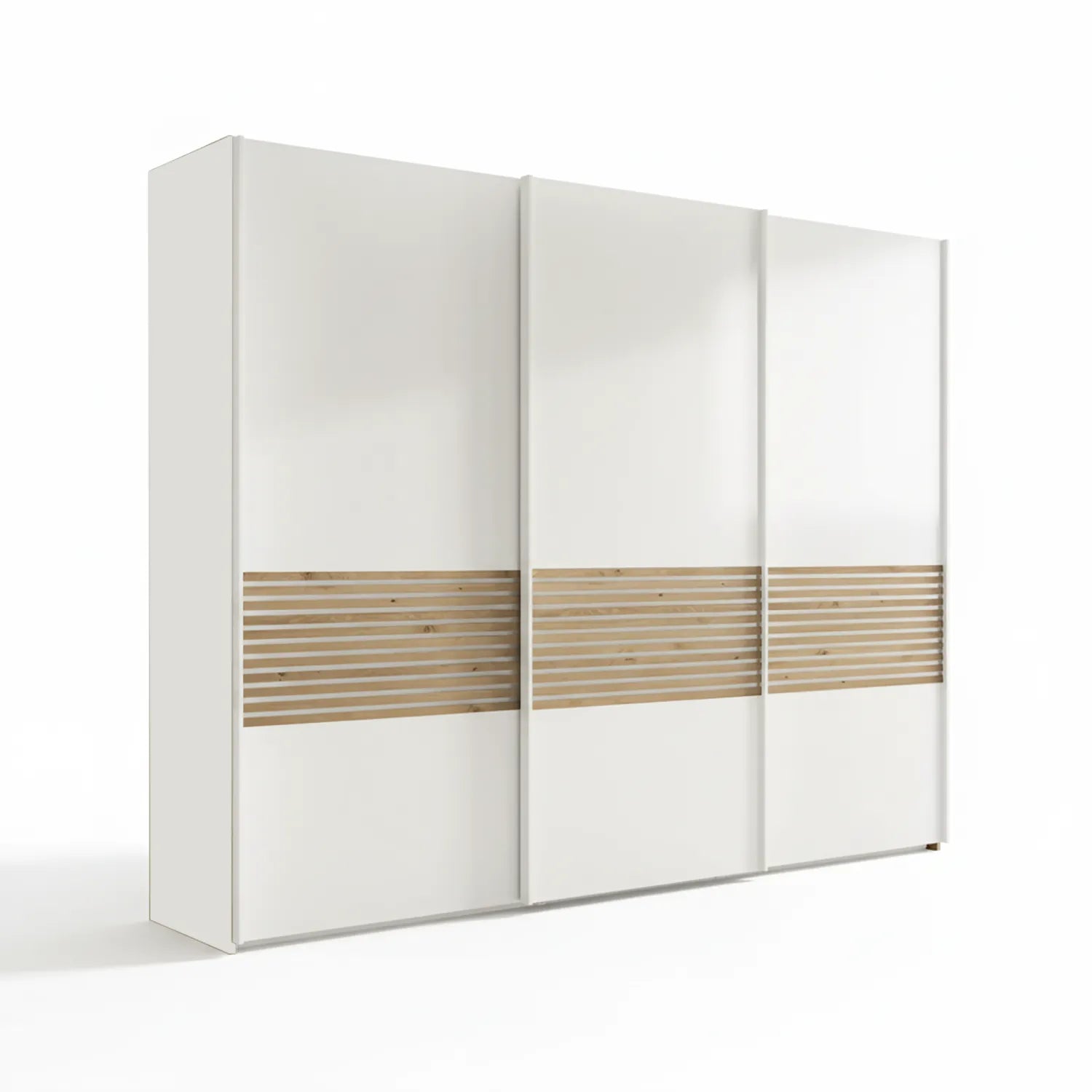 Minimalist white sliding wardrobe by Wiemann with horizontal decorative lines