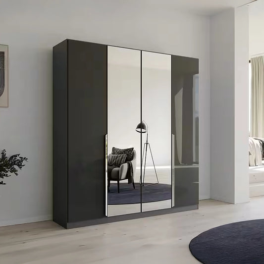 Rauch Glamour 4 Door High Gloss Effect Grey Wardrobe with Mirror - W181 CM - Styled in a Bedroom