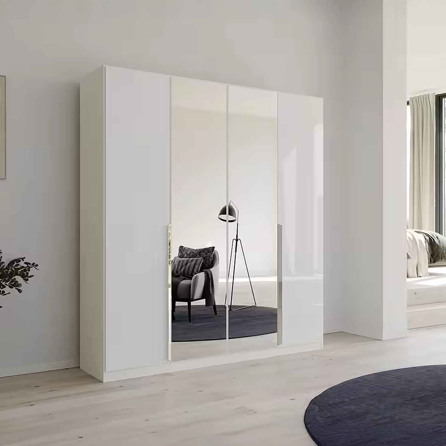 Rauch Glamour 4 Door White High Gloss Wardrobe with Mirror - W181 CM - Styled in a Bedroom