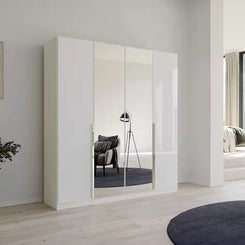 Rauch Glamour 4 Door White High Gloss Wardrobe with Mirror - W181 CM - Styled in a Bedroom
