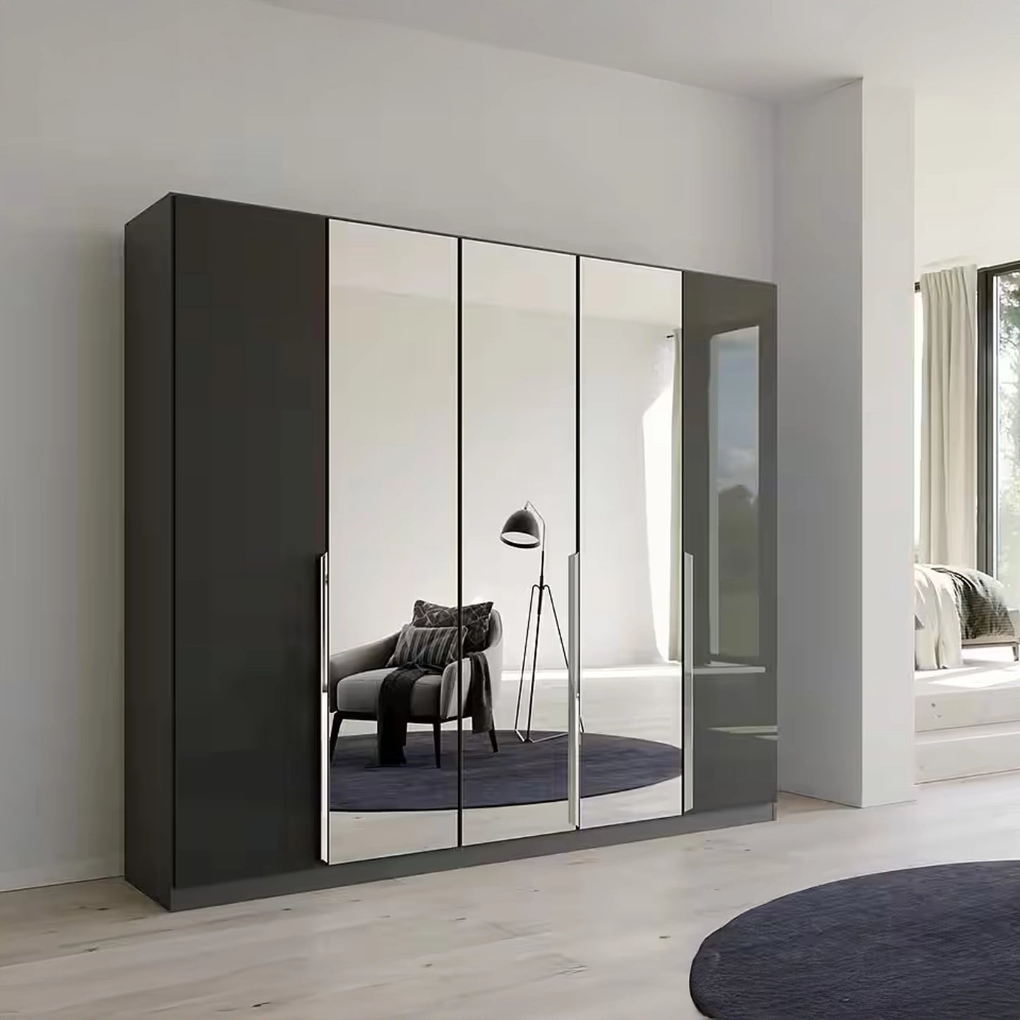 Rauch Glamour 5 Door High Gloss Effect Grey Wardrobe with Mirror - W226 CM - Styled in a Bedroom