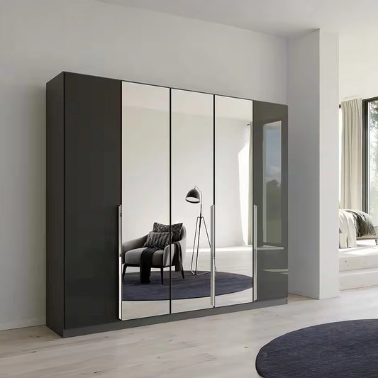 Rauch Glamour 5 Door High Gloss Effect Grey Wardrobe with Mirror - W226 CM - Styled in a Bedroom