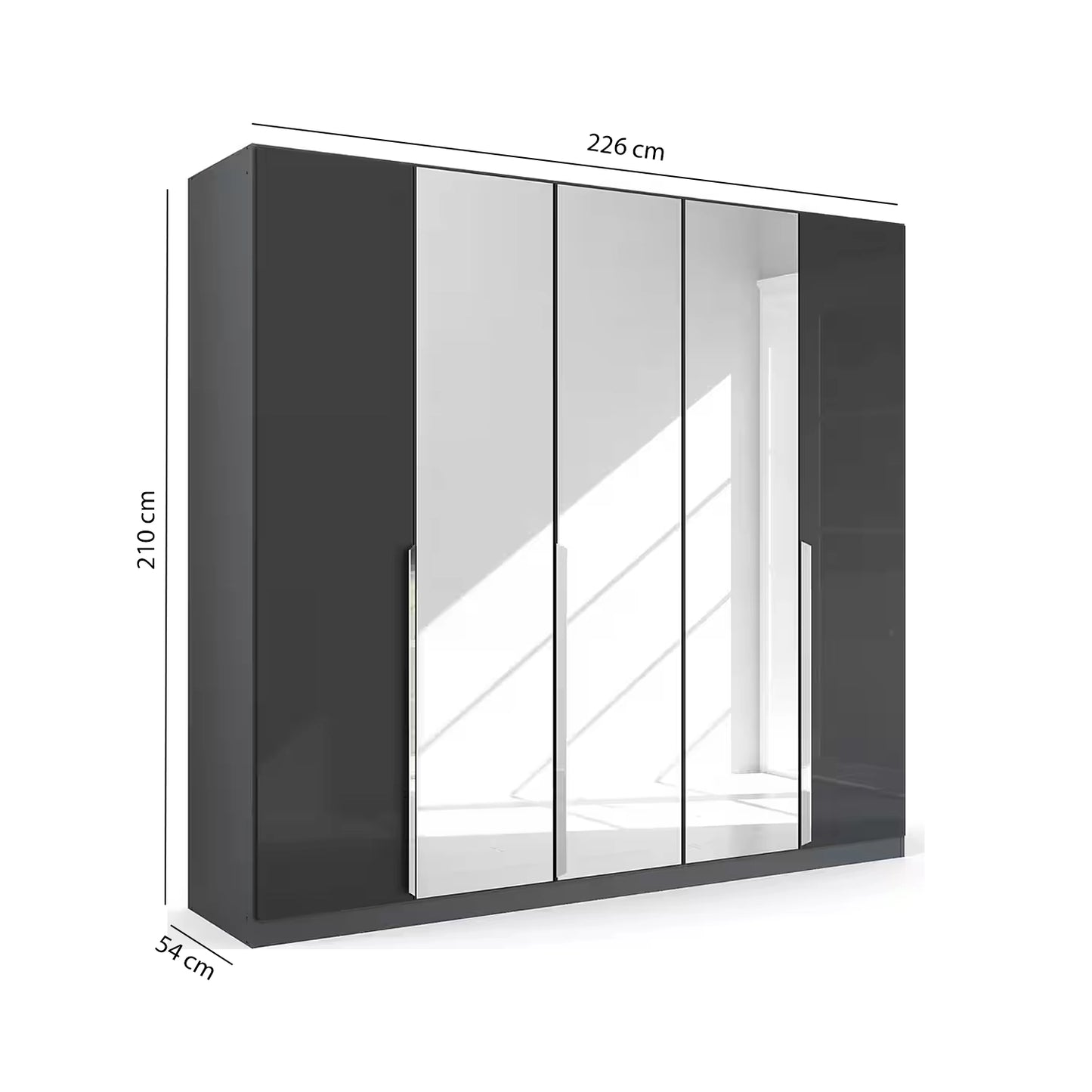 Rauch Glamour 5 Door High Gloss Effect Grey Wardrobe with Mirror - W226 CM - Dimensions