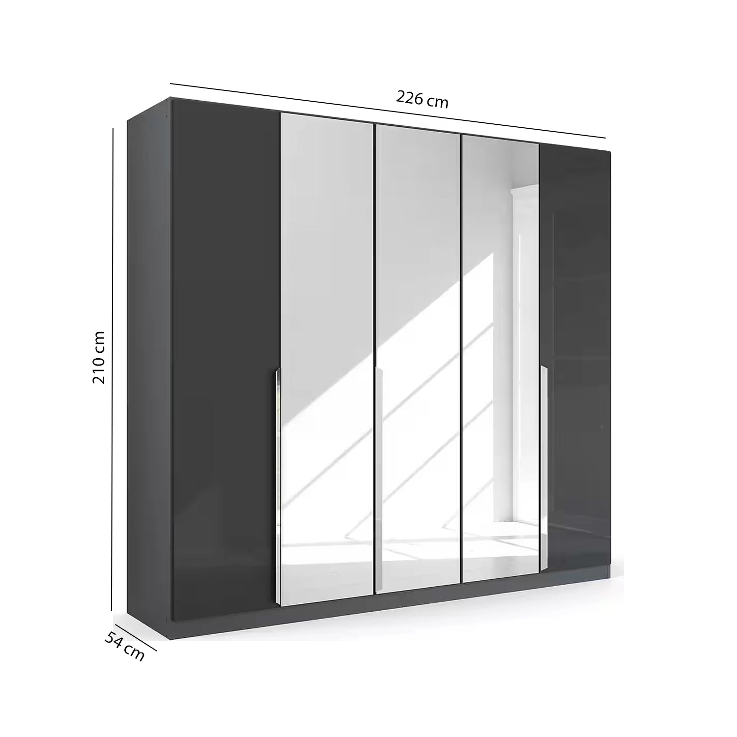 Rauch Glamour 5 Door High Gloss Effect Grey Wardrobe with Mirror - W226 CM - Dimensions