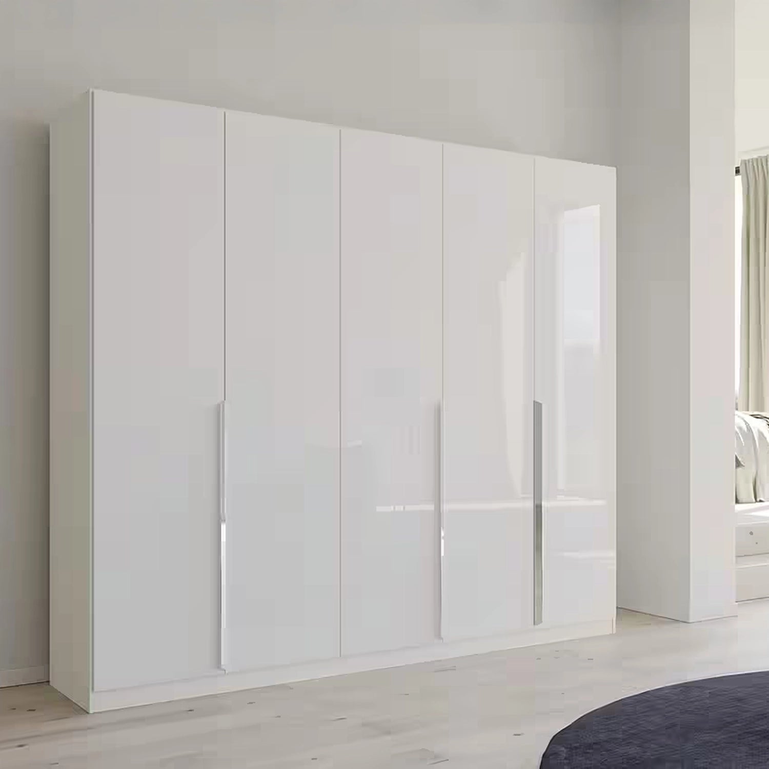 Rauch Glamour 5 Door White High Gloss Wardrobe - W226 CM - Styled in a Bedroom