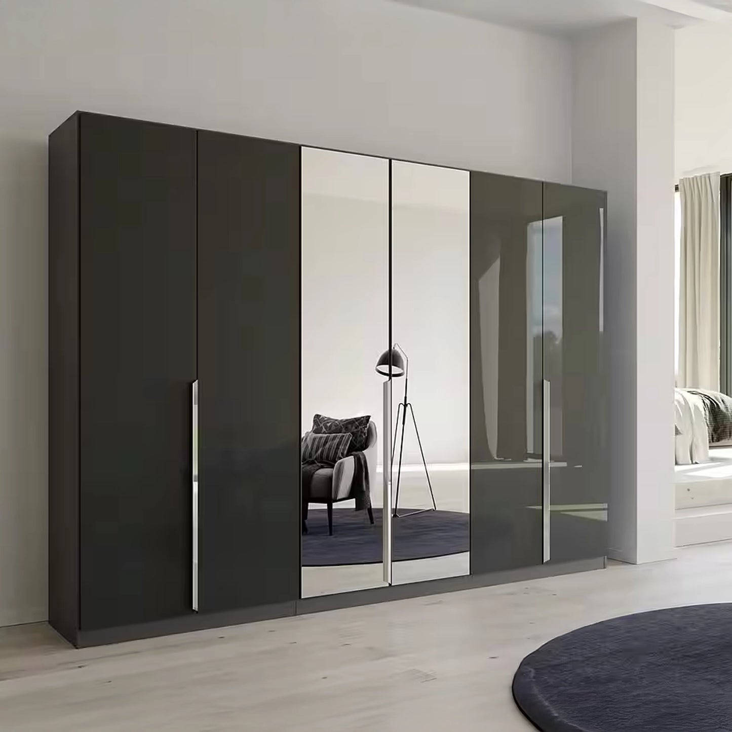 Rauch Glamour 6 Door High Gloss Effect Grey Wardrobe with Mirror - W271 CM - Styled in a Bedroom
