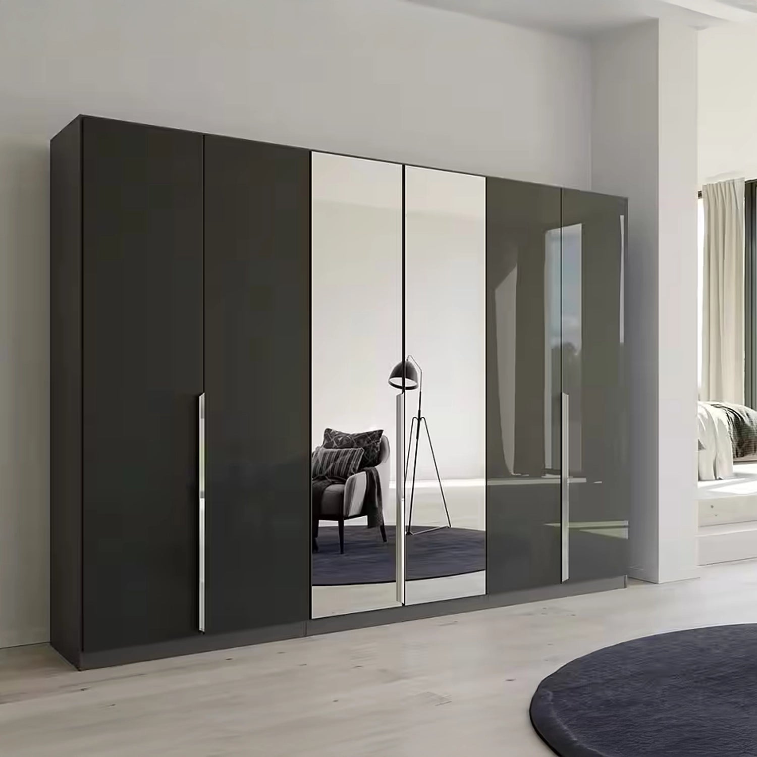 Rauch Glamour 6 Door High Gloss Effect Grey Wardrobe with Mirror - W271 CM - Styled in a Bedroom