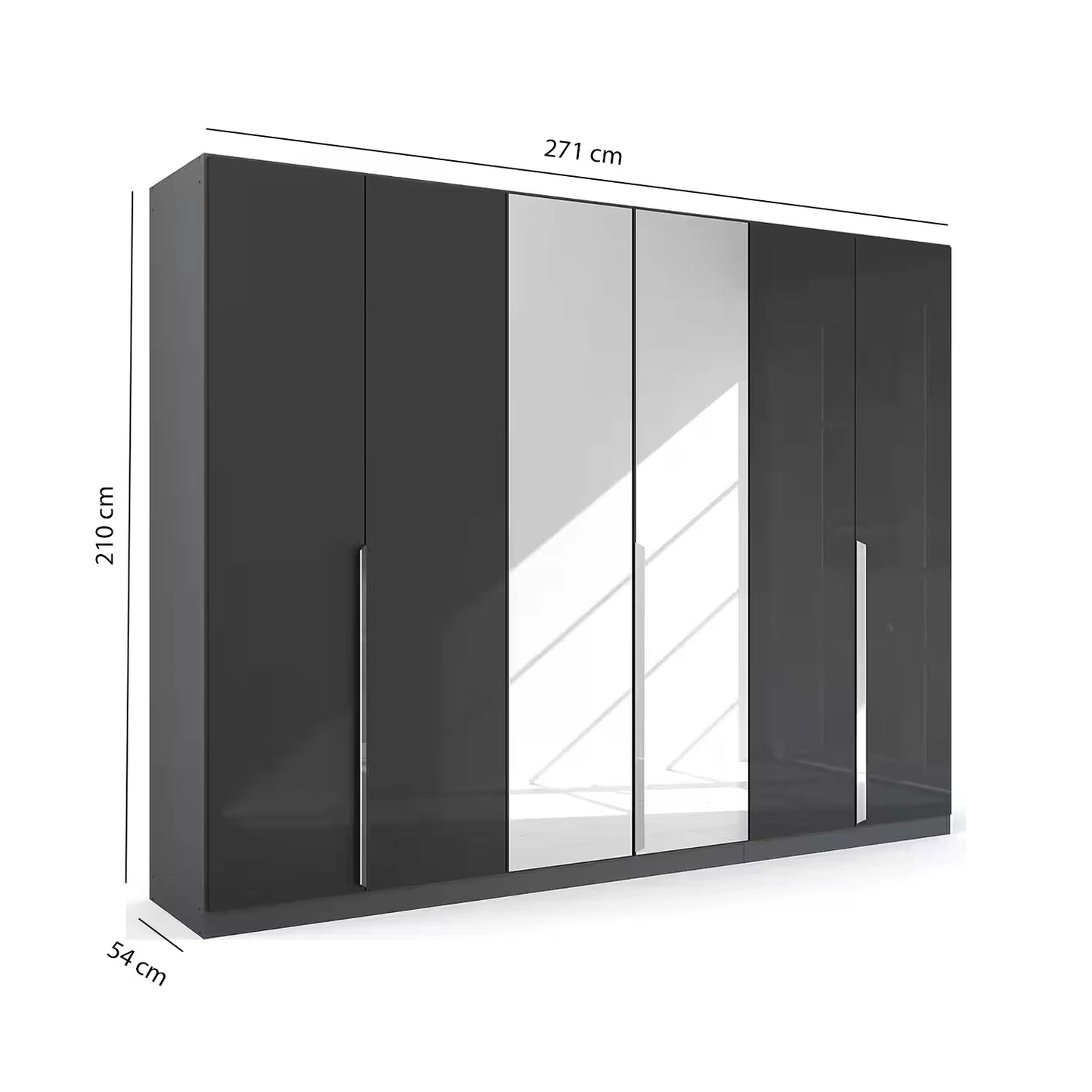 Rauch Glamour 6 Door High Gloss Effect Grey Wardrobe with Mirror - W271 CM - Dimensions