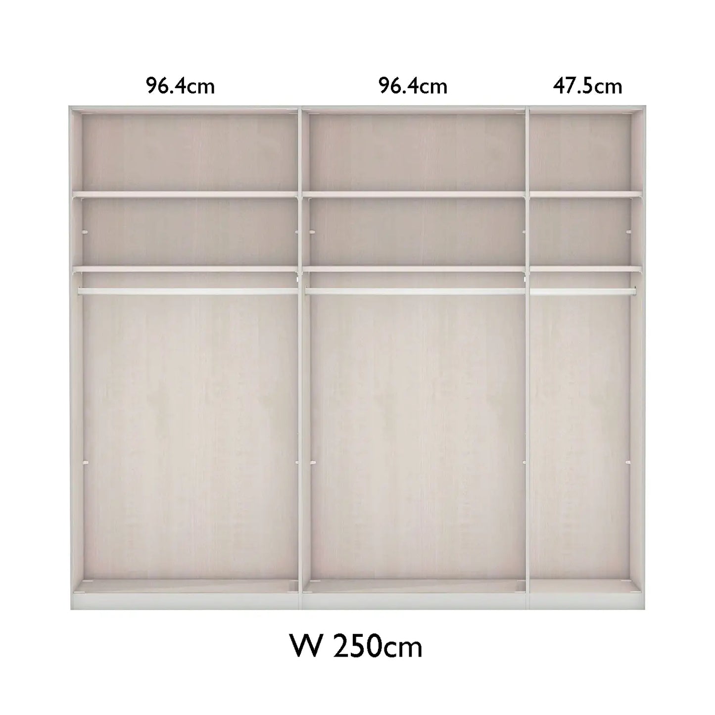 Wiemann 250cm Closet with sliding doors and dimensions labeled on a white background