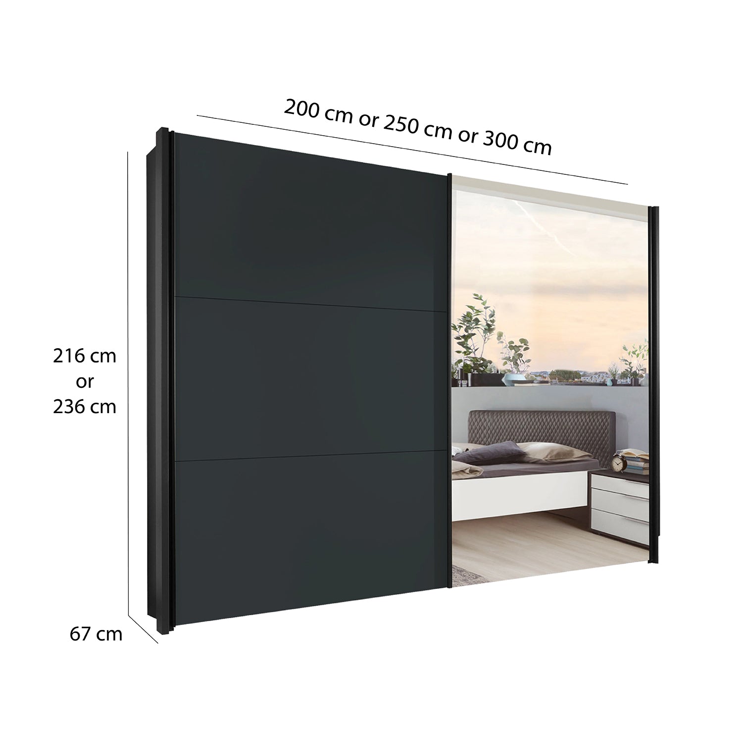 Halver Graphite 2 Door Sliding Wardrobe  with Mirror - Dimensions