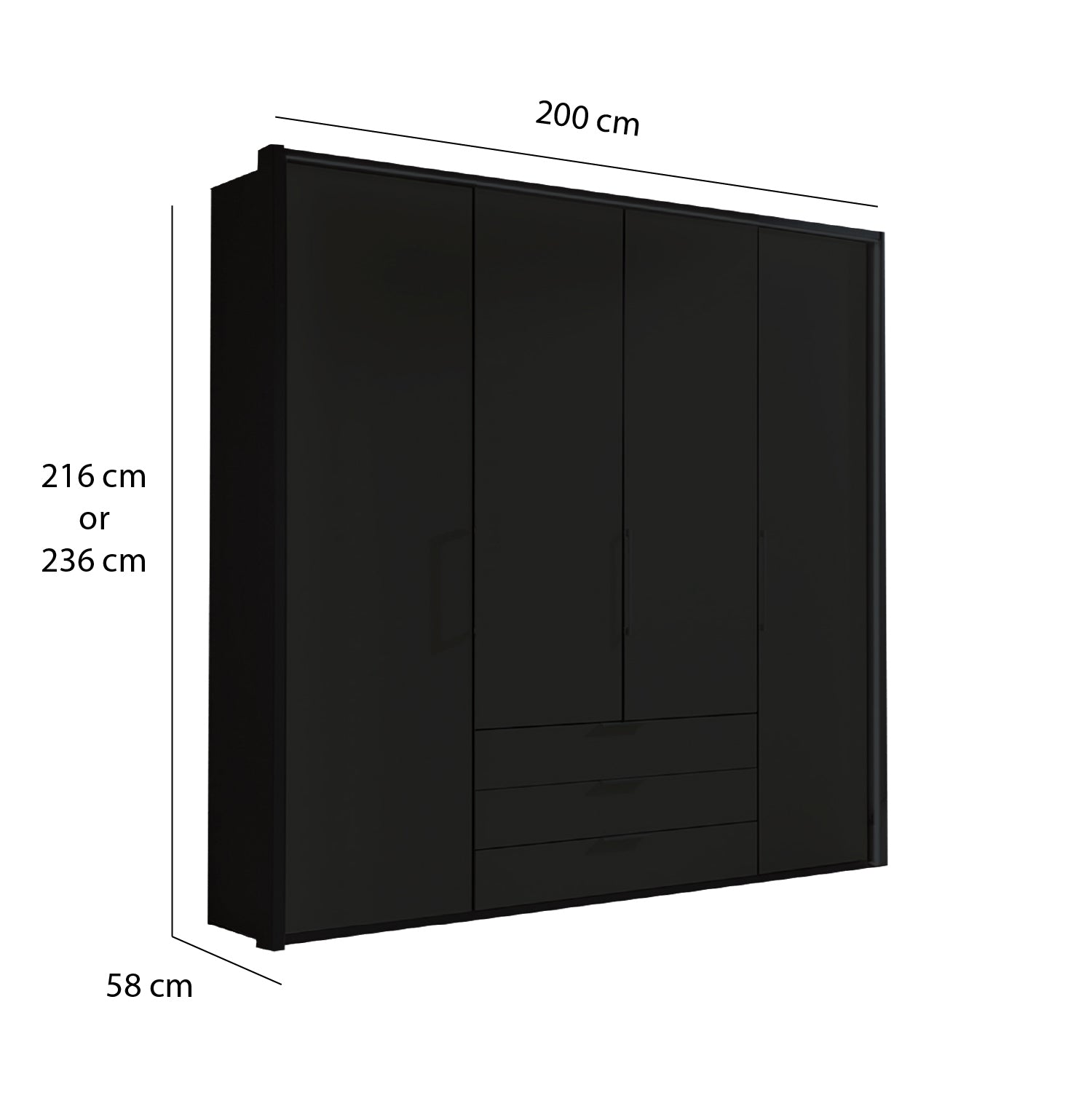 Glasgow Graphite 4 Door Wardrobe with Drawers (W200cm) - Dimensions