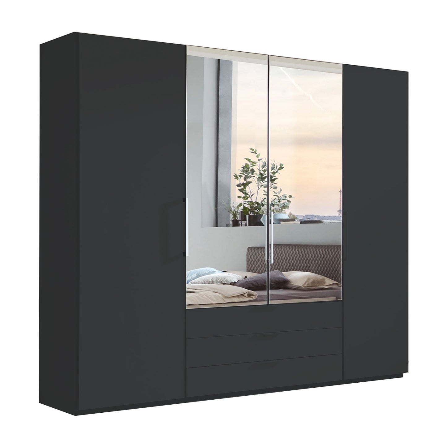 Glasgow Graphite 4 Door Wardrobe with Drawers (W200cm) With Mirror