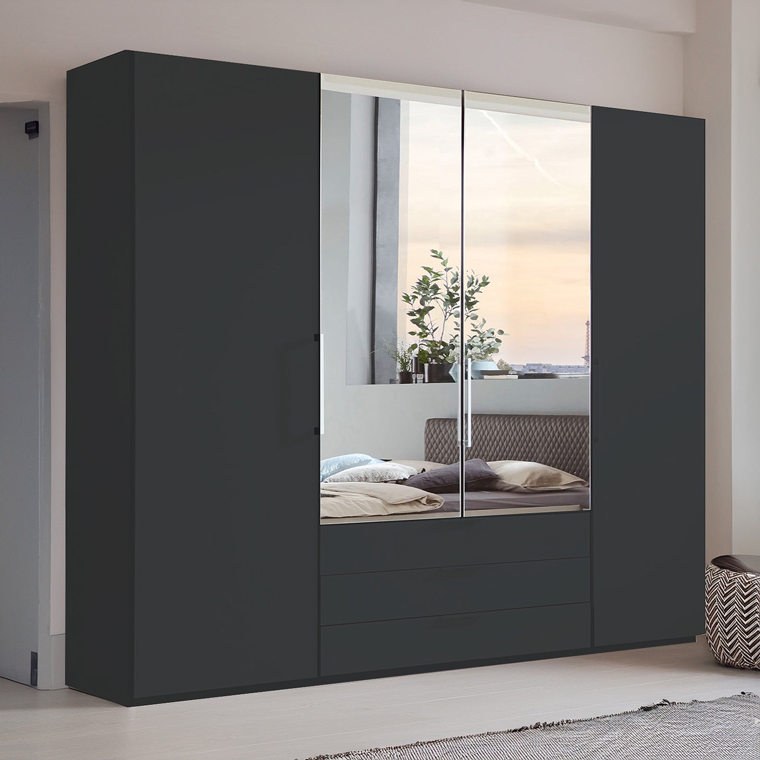 Halver Graphite 4 Door Wardrobe with Drawers (W200cm) With Mirror Styled in Bedroom