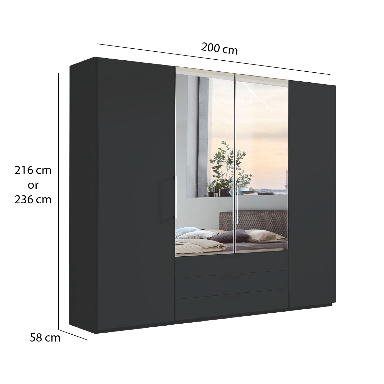 Halver Graphite 4 Door Wardrobe with Drawers (W200cm) With 
Mirror - Dimension