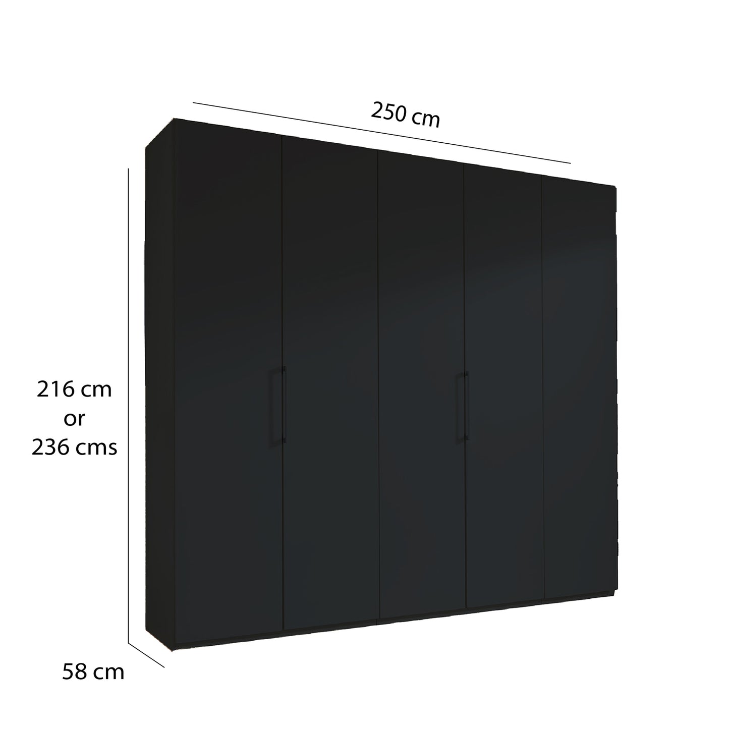 Glasgow Graphite 5 Door Hinged Wardrobe (W250cm) - Dimensions