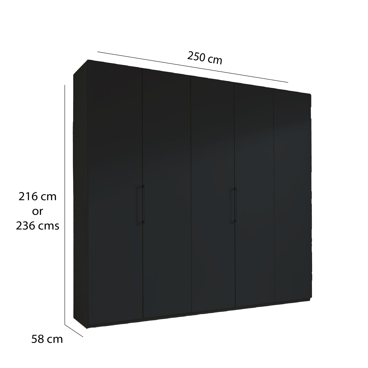 Glasgow Graphite 5 Door Hinged Wardrobe (W250cm) - Dimensions