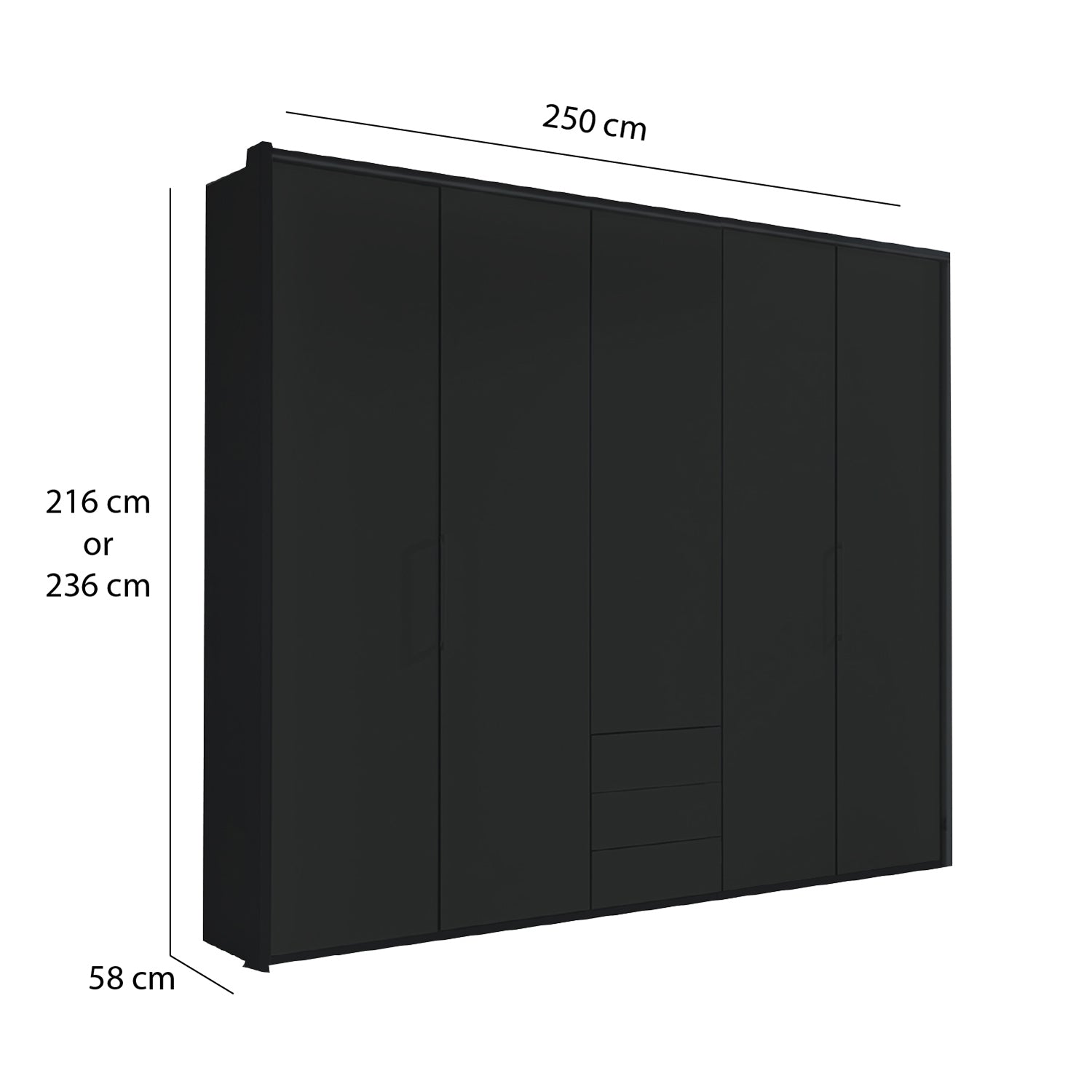 Glasgow Graphite 5 Door Wardrobe with Drawers (W250cm) - Dimensions
