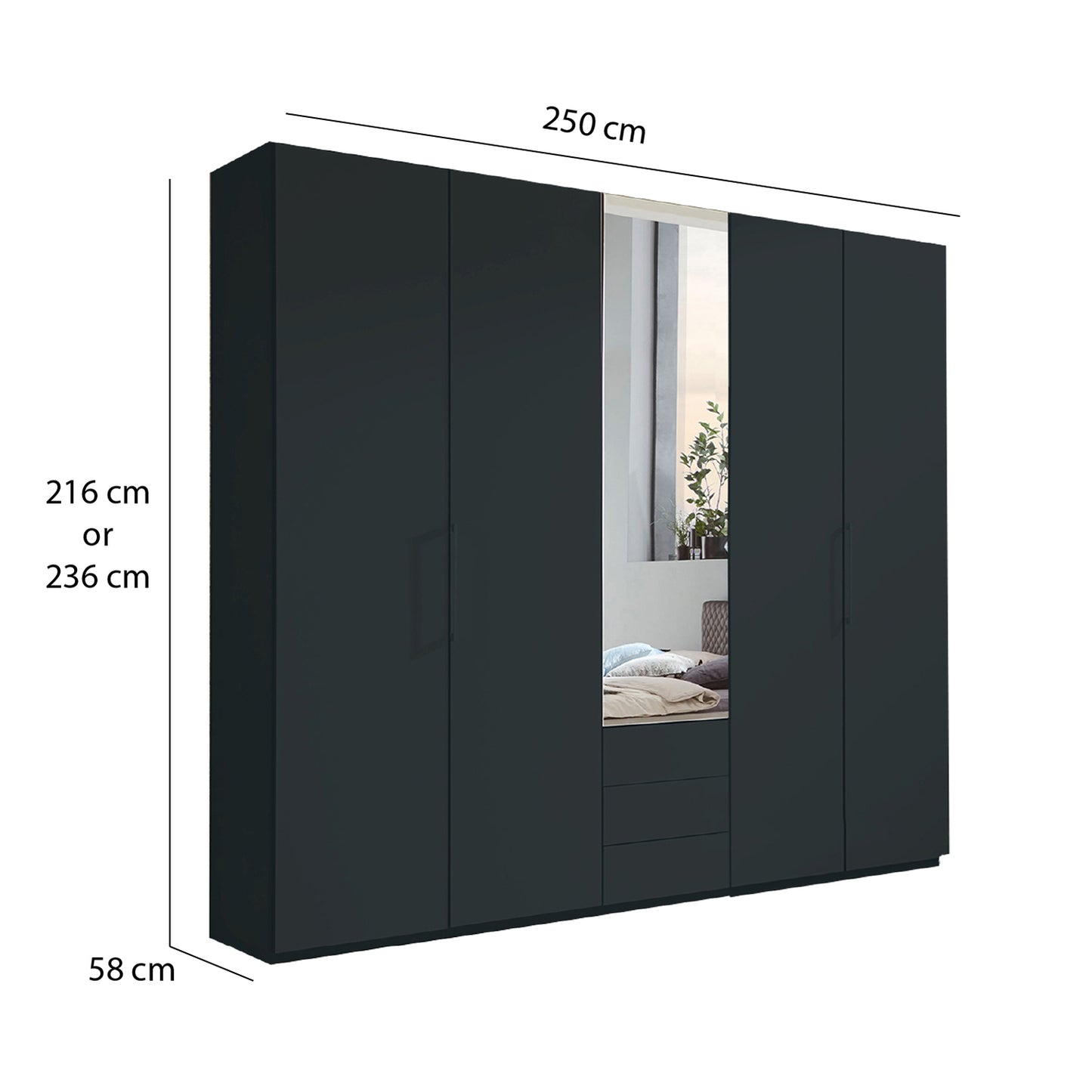 Glasgow Graphite 5 Door Wardrobe with Drawers (W250cm) With 
Mirror - Dimensions