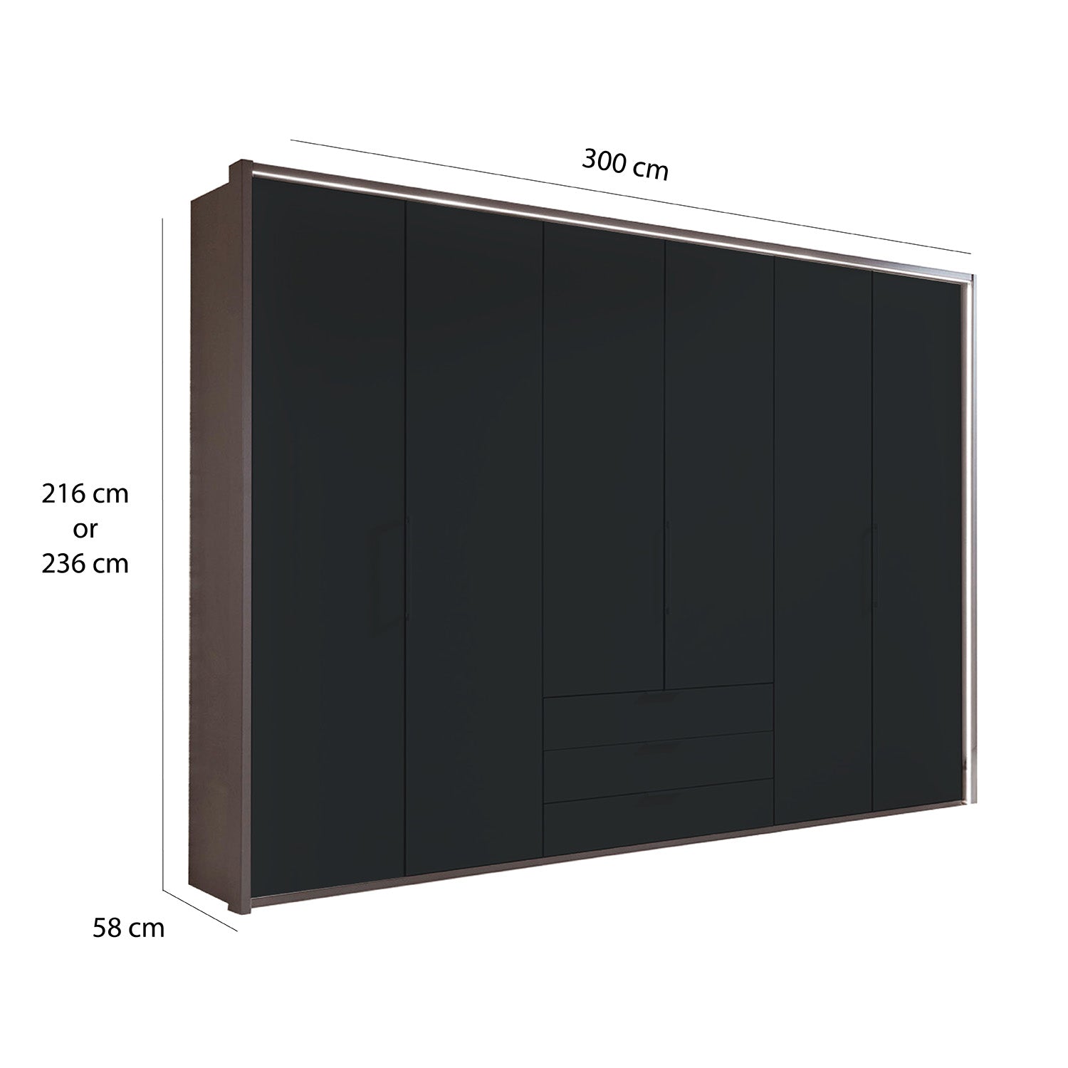 Glasgow Graphite 6 Door Wardrobe with Drawers (W300cm) - Dimensions
