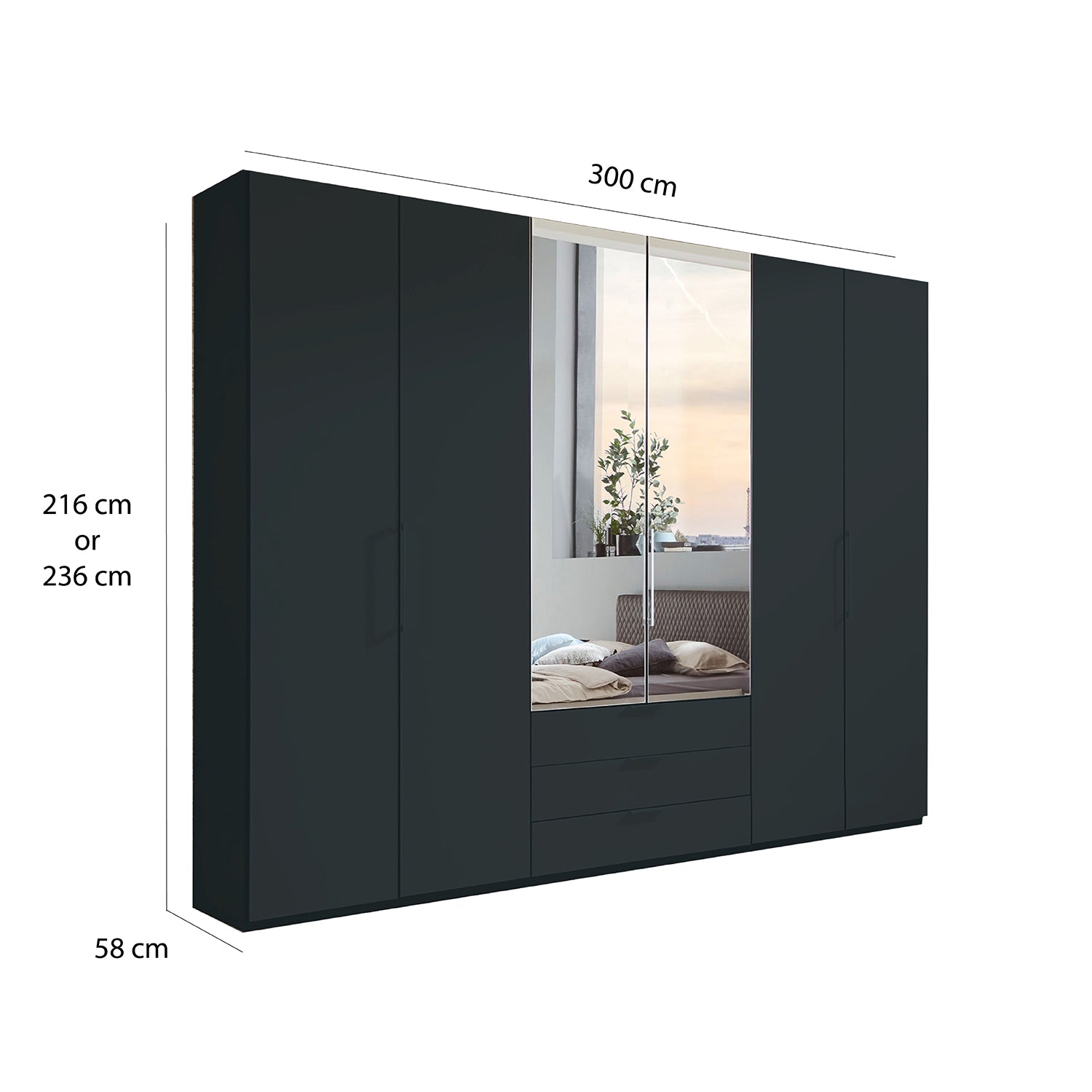 Glasgow Graphite 6 Door Wardrobe with Drawers (W300cm) With 
Mirror - Dimensions