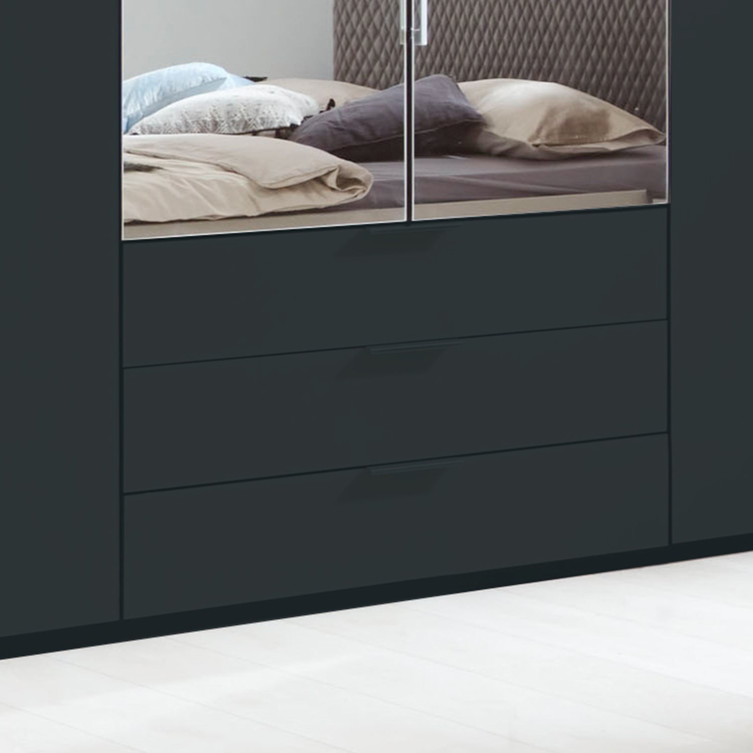 Glasgow Graphite 6 Door Wardrobe with Drawers (W300cm) - Closeup View Of Mirror & Drawers
