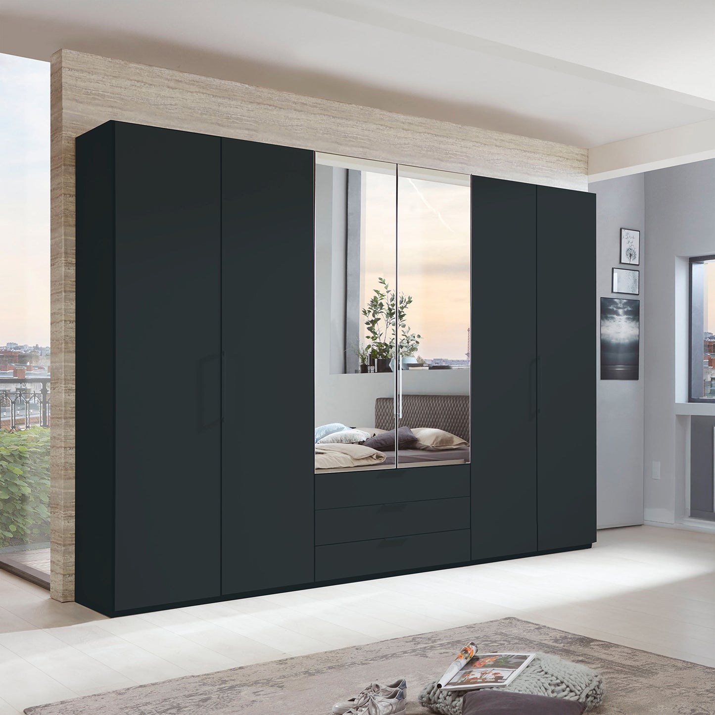 Glasgow Graphite 6 Door Wardrobe with Drawers (W300cm) With 
Mirror - Styled in Bedroom