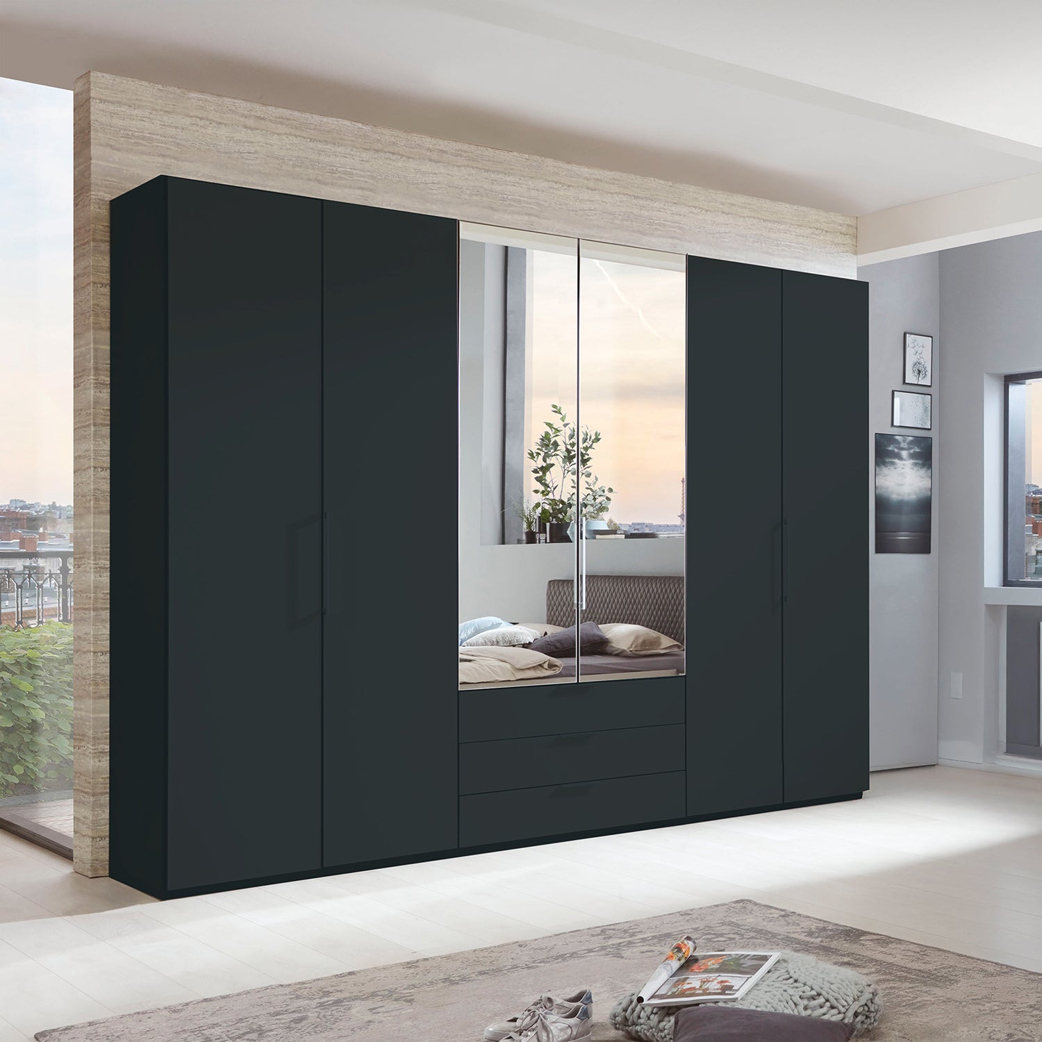 Glasgow Graphite 6 Door Wardrobe with Drawers (W300cm) With 
Mirror - Styled in Bedroom