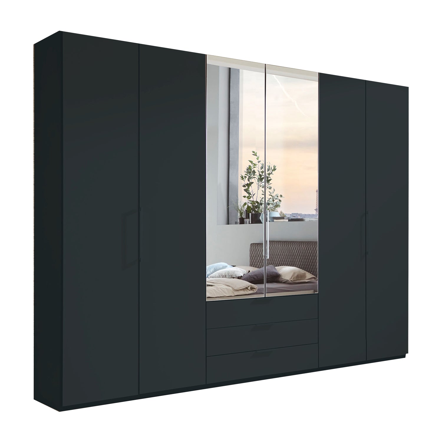 Halver Graphite 6 Door Wardrobe with Drawers (W300cm) With Mirror